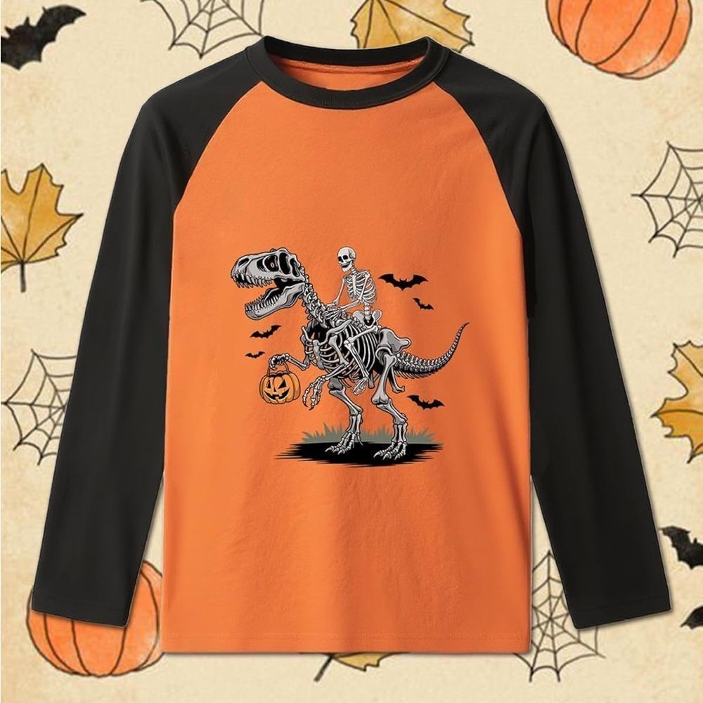 NWOT SZ 120 Kids Halloween Dinosaur Skeleton Raglan Shirt